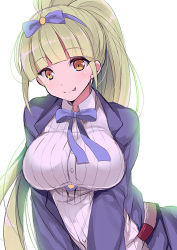 Rule 34 | 1girl, :p, azur lane, bow, breasts, green hair, hair bow, hairband, large breasts, long hair, looking at viewer, ponytail, ribbon, roxq, shirt, shropshire (azur lane), solo, striped clothes, striped shirt, tongue, tongue out, v arms, vertical-striped clothes, vertical-striped shirt, yellow eyes