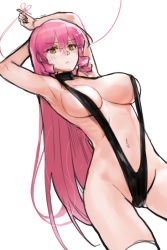 Rule 34 | 1girl, aimitsu (ibityuttyu), akuma no riddle, arm behind head, armpits, arms up, asymmetrical breasts, black one-piece swimsuit, breasts, brown eyes, cleavage, cowboy shot, drill hair, drill sidelocks, dutch angle, groin, hair between eyes, inukai isuke, large breasts, long hair, looking at viewer, medium breasts, navel, one-piece swimsuit, orange eyes, pink hair, pinky out, revealing clothes, sideboob, sidelocks, simple background, sketch, slingshot swimsuit, solo, standing, string, string of fate, swimsuit, thighhighs, twin drills, very long hair, white background, white thighhighs