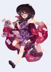 Rule 34 | 1girl, ahoge, animal ears, arm up, bell, black bow, black bowtie, black footwear, black hair, black hat, black skin, blue background, blush, bow, bowtie, breasts, brown eyes, buttons, card, circle, collared shirt, colored skin, cross, flying, full body, glasses, gloves, grey gloves, gun, hair between eyes, handgun, hands up, hat, hat bow, highres, kneehighs, leg up, long sleeves, looking at viewer, medium breasts, occult ball, official art, open mouth, panda, panda ears, panda tail, phone, pistol, plaid, plaid skirt, plaid vest, puffy long sleeves, puffy sleeves, purple skirt, purple vest, runes, shapes, shirt, shnva, shoes, short hair, short twintails, simple background, skirt, skull, smile, socks, solo, square, star (symbol), strange creators of outer world, stuffed animal, stuffed toy, tail, third-party source, touhou, toy, twintails, usami sumireko, vest, waves, weapon, white bow, white shirt, white skin, white socks, zener card