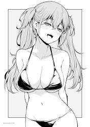 Rule 34 | 1girl, arms behind back, bikini, breasts, collarbone, grey background, greyscale, hair between eyes, highres, kichihachi, large breasts, long hair, looking at viewer, monochrome, navel, open mouth, original, simple background, smile, solo, swimsuit, twintails, two-tone background, white background