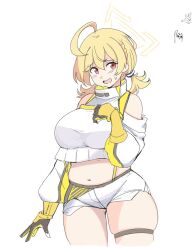 Rule 34 | 1girl, ahoge, bifizu&#039;s gold, blonde hair, blue archive, breasts, cosplay, cowboy shot, elegg (nikke), elegg (nikke) (cosplay), kotori (blue archive), large breasts, looking at viewer, low twintails, medium hair, navel, open mouth, red eyes, short shorts, shorts, simple background, skindentation, solo, thick thighs, thighs, twintails, white background