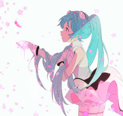 Rule 34 | 1girl, balabling, bare arms, blue eyes, blue hair, commentary, cowboy shot, english commentary, from side, gloves, hand on own chest, hatsune miku, highres, long hair, parted lips, profile, shirt, simple background, skirt, sleeveless, sleeveless shirt, solo, star (symbol), thighhighs, twintails, vocaloid, white background, white gloves, white shirt, white skirt, white thighhighs