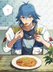 Rule 34 | 1boy, ?, antenna hair, bad id, bad pixiv id, blue eyes, blue hair, bruno (yu-gi-oh!), food, fork, hair between eyes, holding, holding fork, holding spoon, jacket, looking at viewer, male focus, open clothes, open jacket, open mouth, pasta, shirt, solo, spaghetti, speech bubble, spoon, striped clothes, striped shirt, torinomaruyaki, yu-gi-oh!, yu-gi-oh! 5d&#039;s