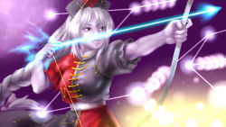 Rule 34 | 1girl, aiming, arrow (projectile), bow (weapon), colored skin, constellation, drawing bow, dress, expressionless, fingernails, full moon, glowing, glowing weapon, green eyes, hat, highres, holding, holding bow (weapon), holding weapon, kawahagi modoki, lips, long hair, moon, nurse cap, puffy short sleeves, puffy sleeves, purple skin, purple sky, short sleeves, silver hair, sky, solo, touhou, upper body, very long hair, weapon, yagokoro eirin