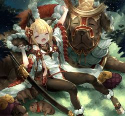 Rule 34 | animal ears, arm up, black legwear, blonde hair, bow, branch, breasts, brown eyes, commentary, day, dog, dog ears, fangs, flower, furisode, fuyu no kareha, granblue fantasy, grass, hair flower, hair ornament, japanese clothes, katana, kimono, light particles, looking at viewer, medium hair, one eye closed, open mouth, outdoors, outstretched arm, pantyhose, petite, puppy, red bow, rope, shimenawa, short eyebrows, sitting, sleeping, small breasts, stretching, sword, tree, tree shade, vajra (granblue fantasy), weapon, yawning