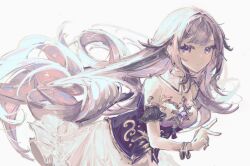 Rule 34 | 1girl, arm cuffs, blunt bangs, center-flap bangs, chest jewel, circlet, detached collar, dress, gem, grey hair, hair flaps, highres, hololive, hololive english, jewelry, koseki bijou, light smile, long hair, looking at viewer, purple eyes, simple background, sleeveless, sleeveless dress, solo, somewhatdino, v, very long hair, virtual youtuber, white background, white dress