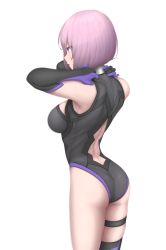 Rule 34 | 1girl, absurdres, arched back, armpits, arms up, ass, back cutout, bare shoulders, black gloves, black leotard, black thighhighs, bob cut, breasts, clothing cutout, cowboy shot, elbow gloves, fate/grand order, fate (series), from behind, gloves, hands on own neck, highres, kyounami, leotard, mash kyrielight, medium breasts, parted lips, purple eyes, purple hair, short hair, simple background, single thighhigh, solo, thigh strap, thighhighs, thighs, white background