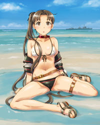 Rule 34 | 1girl, arm support, ass, ayanami (destroyer), ayanami (kancolle), beach, belt, bikini, blue sky, blush, breasts, brown eyes, brown hair, cameltoe, cloud, collar, collarbone, covered erect nipples, day, destroyer, groin, hair ribbon, halterneck, historical name connection, jacket, kantai collection, leather choker, long hair, looking at viewer, medium breasts, military, military vehicle, name connection, navel, object namesake, ocean, off shoulder, open clothes, open jacket, open mouth, outdoors, parted bangs, ponytail, ribbon, sameha ikuya, sand, sandals, ship, side-tie bikini bottom, side ponytail, sitting, sky, solo, stomach, swimsuit, thigh strap, thighs, turret, very long hair, warship, watercraft