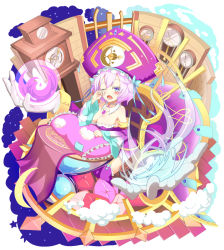 Rule 34 | 10s, 1girl, bakatesu59, blue eyes, breasts, chair, cleavage, clock, crescent moon, detached collar, detached sleeves, drooling, garter straps, grandfather clock, hat, light purple hair, looking at viewer, merc storia, moon, one eye closed, open mouth, original, pillow, short hair, sitting, sleepy, solo, thighhighs