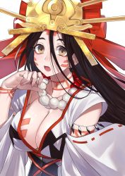 Rule 34 | 1girl, absurdres, body markings, breasts, brown eyes, brown hair, cleavage, detached sleeves, facial mark, fate/grand order, fate (series), fingernails, headpiece, highres, himiko (fate), himiko (third ascension) (fate), huge filesize, jewelry, kameno sachi, large breasts, long hair, necklace, open mouth, pearl necklace, solo, upper body, white background