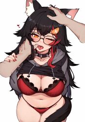 Rule 34 | 1boy, 1girl, animal ear fluff, animal ears, black hair, black hoodie, blush, bra, breasts, clothes lift, collar, disembodied limb, drawstring, drooling, female pubic hair, finger in another&#039;s mouth, glasses, grey hoodie, hand on another&#039;s head, headpat, heart, highres, hololive, hood, hoodie, hoodie lift, large breasts, lingerie, long hair, multicolored hair, one eye closed, ookami mio, open mouth, panties, pubic hair, pubic hair peek, red bra, red hair, red panties, saliva, solo focus, spiked collar, spikes, streaked hair, tail, tongue, tongue out, underwear, variant set, varniskarnis, virtual youtuber, wolf ears, wolf girl, wolf tail