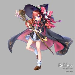 Rule 34 | 1girl, cape, capelet, cloak, dress, flower, full body, grey background, hair flower, hair ornament, hat, legs, long hair, looking at viewer, original, pink eyes, rebless, ribbon, shoes, simple background, skirt, smile, solo, teresia, witch hat, yuasa akira