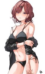 Rule 34 | 1girl, absurdres, bikini, black bikini, black jacket, bracelet, breasts, brown hair, closed mouth, collarbone, commentary request, endo yohane, hair ornament, hairclip, highres, higuchi madoka, idolmaster, idolmaster shiny colors, jacket, jewelry, large breasts, looking at viewer, mole, mole under eye, multiple bracelets, navel, off shoulder, open clothes, open jacket, pearl bracelet, purple eyes, short hair, side-tie bikini bottom, signature, solo, strap slip, swimsuit, white background