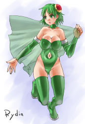 Rule 34 | 1990s (style), 1girl, bare shoulders, boots, breasts, cleavage, clothing cutout, detached sleeves, final fantasy, final fantasy iv, gradient background, green eyes, green footwear, green hair, hair ornament, large breasts, leotard, matching hair/eyes, nagase haruhito, navel, navel cutout, retro artstyle, rydia (ff4), solo, thigh boots, thighhighs