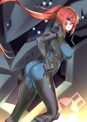 Rule 34 | 1girl, ass, blue eyes, breasts, commission, extra eyes, f-22a raptor (muv-luv), floating hair, fortified suit, from side, glowing, glowing eyes, hand on own hip, highres, large breasts, long hair, makishima azusa, mecha, muv-luv, muv-luv alternative, orange hair, original, parted lips, pilot suit, robot, skeb commission, solo, tactical surface fighter