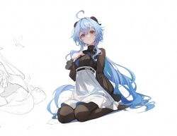 Rule 34 | 1girl, ahoge, black pantyhose, black shirt, blue hair, commentary request, ganyu (genshin impact), genshin impact, hair intakes, hand on own chest, high-waist skirt, highres, horns, long hair, long sleeves, looking at viewer, lumo 1121, official alternate costume, pantyhose, purple eyes, seiza, shirt, simple background, sitting, skirt, very long hair, white background, white skirt