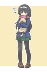 Rule 34 | 1girl, animal, black hair, black pantyhose, blue coat, breath, brown eyes, brown footwear, cat, coat, commentary, crossed arms, full body, girls und panzer, green skirt, hairband, holding, holding animal, loafers, long hair, long sleeves, looking at viewer, miniskirt, ooarai school uniform, outline, outside border, pantyhose, pink scarf, reizei mako, scarf, scarf over mouth, school uniform, shoes, siamese cat, skirt, solo, tewarusa, white hairband, white outline, winter uniform, yellow background