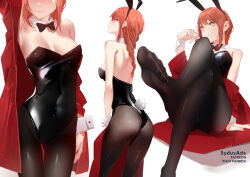 Rule 34 | 1girl, animal ears, ass, chainsaw man, crossed legs, detached collar, fake animal ears, feet, foreshortening, leotard, light blush, long hair, looking at viewer, makima (chainsaw man), pantyhose, rabbit ears, red hair, soles, sydus, thighs, toes, yellow eyes