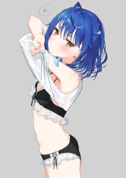 Rule 34 | 1girl, :t, absurdres, ahoge, amamiya kokoro, amamiya kokoro (7th costume), ass, bare shoulders, bikini, bikini under clothes, black bikini, blue hair, blue nails, blush, braid, breasts, cleavage, closed mouth, clothes lift, commentary request, frilled bikini, frills, from side, grey background, hair between eyes, hair ornament, hairclip, heart, highres, lifted by self, looking at viewer, looking to the side, nail polish, navel, nijisanji, pout, shirt, shirt lift, simple background, small breasts, solo, swimsuit, syhan, undressing, virtual youtuber, white shirt, x hair ornament