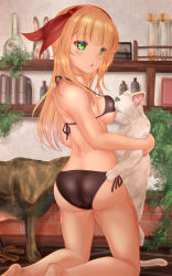 Rule 34 | 1boy, 1girl, animal, ass, back, bare legs, barefoot, bikini, black bikini, blonde hair, bow, breasts, cat, commentary request, ellen (touhou), green eyes, hair bow, hairband, highres, holding, holding animal, holding cat, kneeling, large breasts, long hair, open mouth, red bow, red hairband, shounen (hogehoge), sokrates (touhou), swimsuit, touhou, touhou (pc-98), white cat
