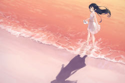 Rule 34 | 1girl, beach, blue hair, dress, eichisu, floating hair, hair between eyes, holding, holding clothes, holding footwear, long hair, looking at viewer, love live!, love live! school idol project, ocean, outdoors, sand, sleeveless, sleeveless dress, smile, solo, sonoda umi, standing, sundress, wading, water, white dress, wind, yellow eyes