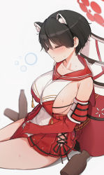Rule 34 | 1girl, animal ears, armor, black hair, blue archive, blush, bottle, breasts, closed eyes, elbow gloves, from side, gloves, hair between eyes, halo, highres, large breasts, lunia, nose blush, red sailor collar, sailor collar, shield, short hair, sideboob, simple background, sitting, solo, sweat, tassel, tsubaki (blue archive), unfinished, white background