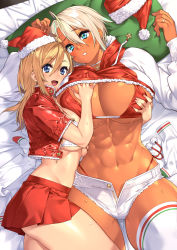 Rule 34 | 23 (real xxiii), 2girls, :d, abs, absurdres, bed sheet, bikini, blonde hair, blue eyes, breasts, choker, christmas, cleavage, clothes lift, commentary, cropped jacket, dark-skinned female, dark skin, earrings, eyes visible through hair, female focus, from above, fur-trimmed headwear, fur-trimmed jacket, fur trim, grabbing, grabbing another&#039;s breast, hair between eyes, hat, highres, huge breasts, jacket, jacket lift, jewelry, looking at viewer, lying, micro shorts, miniskirt, multiple girls, muscular, muscular female, navel, on back, open clothes, open fly, open mouth, open shorts, original, parted lips, pillow, pleated skirt, pom pom (clothes), red bikini, red jacket, red skirt, ring, santa hat, sela (23), short shorts, shorts, side-tie bikini bottom, skirt, smile, sweat, swimsuit, thick thighs, thighhighs, thighs, underboob, unworn hat, unworn headwear, unzipped, ursula (23), wedding band, white choker, white shorts, wife and wife, yuri
