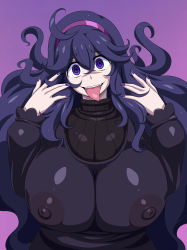 Rule 34 | 1girl, :d, :p, @ @, ahoge, alternate breast size, artworks/64245111, breasts, commentary request, covered erect nipples, creatures (company), freckles, game freak, hairband, hex maniac (pokemon), highres, huge breasts, impossible clothes, impossible sweater, long hair, looking at viewer, muimui, nail polish, nintendo, open mouth, photoshop (medium), pokemon, pokemon xy, purple background, purple eyes, purple hair, purple hairband, purple nails, ribbed sweater, see-through, simple background, smile, solo, sweater, teeth, tongue, tongue out, upper body, very long hair