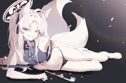 Rule 34 | 1girl, absurdres, animal ear fluff, animal ears, bare shoulders, barefoot, black background, black panties, blue archive, breasts, collarbone, fox ears, fox girl, fox tail, grey eyes, grin, halo, highres, kiseru, kuzunoha (blue archive), legs, long hair, looking at viewer, lying, medium breasts, multiple tails, on side, panties, petals, seizou hidzuke, simple background, sleeveless, smile, smoking pipe, solo, tail, thighs, toes, twintails, underwear, white hair, white halo