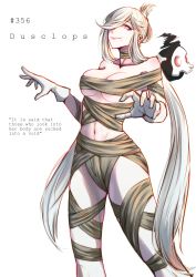Rule 34 | 1girl, absurdres, bandages, black skin, breasts, choker, collarbone, colored skin, creatures (company), dusclops, duskull, floating, folded ponytail, game freak, gen 3 pokemon, ghost, gloves, grey gloves, hair over one eye, highres, large breasts, long hair, looking at viewer, mole, mole under mouth, naked bandage, navel, nintendo, personification, pokemon, pokemon rse, ponytail, red eyes, silver hair, skull, smile, standing, white background, zaekyn