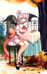 Rule 34 | 1girl, ascot, autumn leaves, bat wings, blue hair, brooch, chair, cup, day, food, frilled shirt, frilled shirt collar, frilled sleeves, frills, hat, hat ribbon, highres, jewelry, light purple hair, mob cap, pastry, plate, puffy short sleeves, puffy sleeves, red eyes, red ribbon, remilia scarlet, ribbon, shirt, short hair, short sleeves, sitting, skirt, skirt set, solo, spoon, table, tea, teacup, touhou, tree, wings, wrist cuffs, zhangx