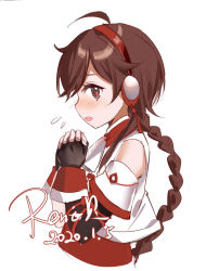 1girl, ahoge, bangs, black gloves, blush, braid, brown eyes, brown hair, copyright request, cropped torso, dated, detached sleeves, fingerless gloves, flying sweatdrops, from side, gloves, hairband, hands together, hands up, highres, long hair, nose blush, open mouth, own hands together, profile, red hairband, rero (bigdoorbig2), shirt, short sleeves, signature, simple background, sleeveless, sleeveless shirt, solo, upper body, very long hair, white background, white shirt