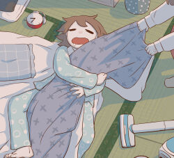 Rule 34 | 1boy, 1girl, absurdres, alarm clock, anger vein, avogado6, barefoot, bedroom, blanket, blue pajamas, brown hair, clock, closed eyes, commentary request, facing viewer, folded clothes, foot out of frame, from above, futon, highres, holding, holding blanket, hugging object, indoors, long sleeves, messy hair, mother and son, on floor, open mouth, original, out of frame, pajamas, pillow, print pajamas, pulling, shadow, short hair, sleeping, solo focus, tatami, vacuum cleaner, waking another