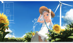 Rule 34 | 1girl, absurdres, alternate costume, arms up, bag, bag charm, bare arms, bare shoulders, blue eyes, blue sky, blush, brown eyes, brown hat, cg (2686805355), character name, charm (object), cloud, collarbone, commentary request, day, dress, field, flower, flower field, hands on headwear, hat, highres, hololive, kagura gumi, kagura mea, long hair, minato aqua, outdoors, ribbon-trimmed dress, ribbon trim, round teeth, shoulder bag, silver hair, sky, sleeveless, sleeveless dress, solo, straw hat, sunflower, sunflower field, teeth, upper teeth only, very long hair, virtual youtuber, white dress, wind turbine, windmill, yellow flower