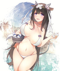Rule 34 | 1girl, animal ears, azur lane, bikini, black hair, breasts, bucket, commentary request, cow ears, dermar, flower, hair flower, hair ornament, hair ribbon, highres, holding, holding bucket, horns, kashino (azur lane), kashino (hot springs relaxation) (azur lane), large breasts, long hair, looking at viewer, navel, open mouth, purple eyes, ribbon, smile, soap, solo, standing, swimsuit, teeth, upper teeth only, white bikini, white ribbon