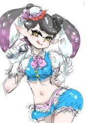 Rule 34 | 1girl, alternate costume, alternate hair length, alternate hairstyle, black hair, blue shorts, blue vest, bow, bowtie, callie (splatoon), closed mouth, cowboy shot, cross-shaped pupils, gloves, gradient hair, hands up, highres, holding, holding microphone, inkling, koharu2.5, medium hair, microphone, mole, mole under eye, multicolored hair, navel, nintendo, pink bow, pink bowtie, pointy ears, puffy short sleeves, puffy shorts, puffy sleeves, purple hair, red pupils, short eyebrows, short sleeves, shorts, simple background, sketch, smile, solo, splatoon (series), symbol-shaped pupils, tentacle hair, tongue, tongue out, twintails, two-tone hair, vest, white background, white gloves, yellow eyes