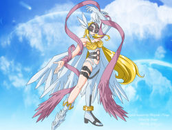 Rule 34 | angel, angel wings, angewomon, arms up, b45ya, digimon, long hair, wings
