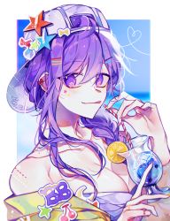 Rule 34 | 1girl, absurdres, artist request, asymmetrical hair, bad id, bad pixiv id, bandeau, bare shoulders, baseball cap, bb (fate), bb (fate) (all), bb (swimsuit mooncancer) (fate), bb (swimsuit mooncancer) (first ascension) (fate), blurry, blurry background, braid, breasts, cleavage, closed mouth, cropped jacket, cup, drinking glass, drinking straw, fate/grand order, fate (series), food, fruit, hat, hat ornament, highres, jacket, large breasts, lemon, lemon slice, licking lips, long hair, long sleeves, looking at viewer, midriff, purple eyes, purple hair, single braid, smile, star (symbol), star hat ornament, tongue, tongue out, very long hair, white headwear, yellow jacket