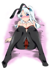 Rule 34 | 1girl, animal ears, bad id, bad pixiv id, bare shoulders, black pantyhose, blush, breasts, cameltoe, cleavage, feet, female focus, fuantei, hair bobbles, hair ornament, large breasts, leotard, long hair, lying, mystic square, on back, pantyhose, playboy bunny, rabbit ears, shinki (touhou), side ponytail, solo, touhou, touhou (pc-98), white hair