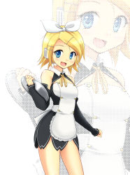 Rule 34 | 1girl, apron, blonde hair, blue eyes, cosplay, detached sleeves, dream c club, dream c club (cosplay), dream c club (series), dress, hair ornament, hair ribbon, hairclip, halftone, halftone background, headphones, headset, kagamine rin, looking at viewer, maid, maid apron, plate, regdic, ribbon, setsu (dream c club), setsu (dream c club) (cosplay), short dress, short hair, smile, solo, tray, vocaloid, waitress, zoom layer