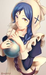 Rule 34 | 1girl, ane-suisei, apron, blue hair, braid, closed mouth, collarbone, facial mark, fire emblem, fire emblem fates, forehead mark, from above, hair over shoulder, hairband, highres, lilith (fire emblem), long hair, looking at viewer, nintendo, orb, parted bangs, simple background, single braid, slit pupils, smile, solo, standing, upper body, yellow eyes
