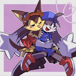 2boys animal_ears animal_nose backwards_hat black_fur blue_eyes blue_shirt blue_shorts blush border brown_eyes closed_mouth full_body furry furry_male furry_with_furry gloves goggles goggles_on_head guntz happy hat heart highres hug hug_from_behind jacket kaze_no_klonoa klonoa knnw_a looking_at_another male_focus multiple_boys one_eye_closed open_mouth red_jacket shirt shoes short_sleeves shorts simple_background sitting smile tail yaoi yellow_eyes yellow_gloves