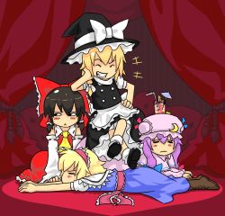Rule 34 | 4girls, :&lt;, alice margatroid, bad deviantart id, bad id, black hair, blonde hair, blush, boots, bow, brown hair, capelet, crescent, crescent moon, detached sleeves, drink, closed eyes, female focus, frown, grin, hair bow, hair ribbon, hairband, hakurei reimu, hat, highres, japanese clothes, k0n3k0, kirisame marisa, lying, miko, moon, multiple girls, patchouli knowledge, pimp, purple hair, ribbon, short hair, sitting, sitting on person, smile, touhou, witch, witch hat