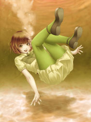 Rule 34 | 1girl, :d, bad id, bad pixiv id, brown eyes, brown hair, female focus, full body, green pantyhose, green ribbon, highres, legs, legs up, looking at viewer, mochi.f, neck ribbon, open mouth, original, pantyhose, ribbon, short hair, short sleeves, smile, solo, underwater