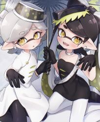 2girls bare_shoulders black_dress black_footwear black_gloves black_hair black_leggings blonde_hair blush bow-shaped_hair callie_(splatoon) choker coat collarbone cross-shaped_pupils dress earrings fangs gloves gradient_hair grey_choker grey_hair hair_behind_ear highres holding holding_umbrella inkling jewelry kneeling leggings long_hair long_sleeves looking_at_viewer marie_(splatoon) mole mole_under_eye multicolored_hair multiple_girls nintendo oil-paper_umbrella open_mouth pantyhose pioxpioo pointy_ears short_hair smile splatoon_(series) splatoon_3 strapless strapless_dress swept_bangs symbol-shaped_pupils tentacle_hair twintails two-tone_hair umbrella white_coat white_pantyhose yellow_eyes