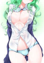 Rule 34 | 1girl, arms behind back, blush, bra, bra lift, breasts, buttons, cardigan, cleavage, collarbone, collared shirt, cowboy shot, curly hair, facing viewer, g (genesis1556), gluteal fold, green hair, head out of frame, highres, large breasts, long hair, long sleeves, navel, no pants, off shoulder, open cardigan, open clothes, original, panties, partially unbuttoned, see-through, shirt, skindentation, sleeves past wrists, solo, stomach, underwear, upper body, white shirt, wing collar