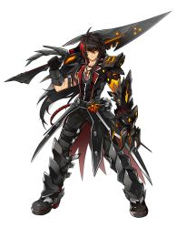 Rule 34 | 1boy, armor, artist request, belt, black gloves, black hair, black pants, black shirt, blouse, claws, closed mouth, elsword, full body, gloves, highres, holding, holding sword, holding weapon, jewelry, long hair, looking at viewer, male focus, mechanical arms, multicolored hair, necklace, official art, orange eyes, over shoulder, pants, raven cronwell, red hair, serious, shirt, shoes, single mechanical arm, solo, standing, streaked hair, sword, transparent background, two-tone hair, veteran commander (elsword), weapon
