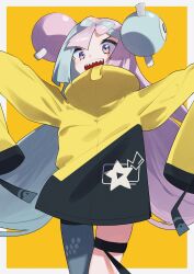 Rule 34 | 1girl, :d, aoi (altea0923), character hair ornament, commentary request, creatures (company), game freak, green hair, grey pantyhose, hair ornament, highres, iono (pokemon), jacket, long hair, multicolored hair, nintendo, open mouth, outstretched arms, pantyhose, pokemon, pokemon sv, purple eyes, purple hair, sharp teeth, single leg pantyhose, smile, solo, teeth, thigh strap, twintails, two-tone hair, upper teeth only, yellow jacket