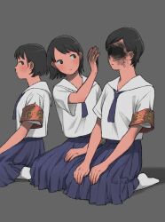 Rule 34 | 3girls, armband, expressionless, grey background, grey eyes, grey hair, hands on own knees, looking at another, looking to the side, multiple girls, necktie, no eyes, no shoes, original, pixie cut, pleated skirt, school uniform, seiza, serafuku, shokugyo, short hair, sitting, skirt, soot, surreal, wiping face