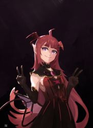 Rule 34 | 1girl, araka luto, black gloves, breasts, butterfly hair ornament, butterfly ornament, demon girl, demon tail, demon wings, double v, dress, elbow gloves, gloves, hair ornament, head wings, highres, long hair, low wings, n anino, pointy ears, prism project, red eyes, red hair, red wings, sleeveless, sleeveless dress, small breasts, solo, striped, tail, v, vertical stripes, virtual youtuber, wings